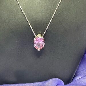Sterling Silver 925 Pink Oval Pendant Necklace – Sparkling Rhinestone Accent